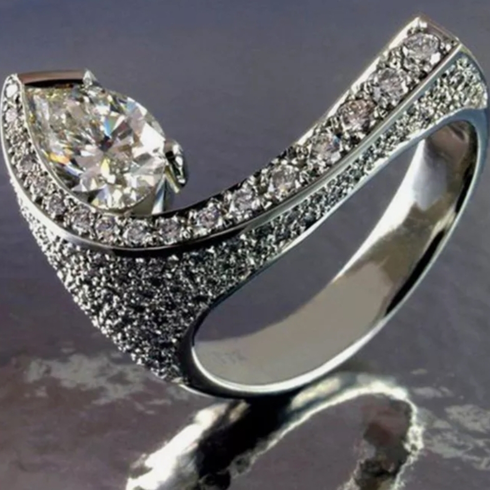 Silver Diamond-Encrusted Wave Ring